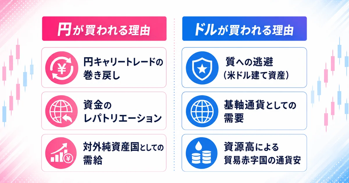 有事の際に円が買われる理由とドルが買われる理由を比較したインフォグラフィック