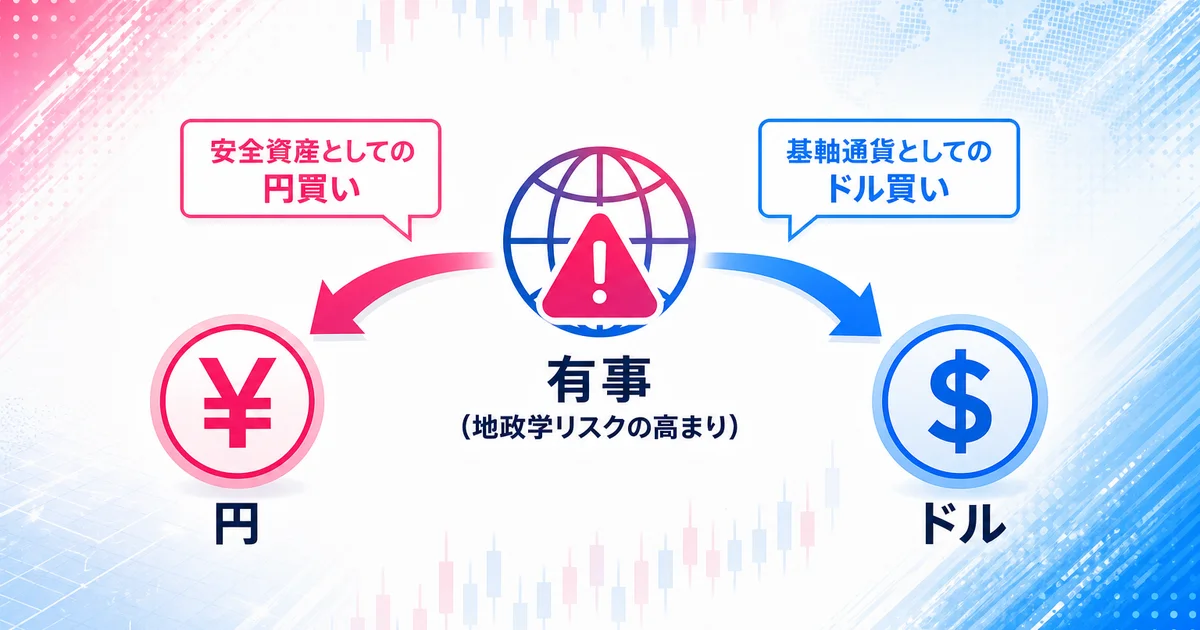 有事発生時に資金が円買いとドル買いに分岐する仕組みを示す図解