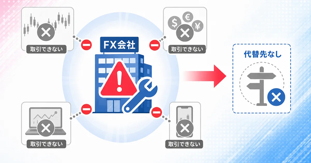 1つのFX会社に障害が起きると取引できなくなるリスクを示す図