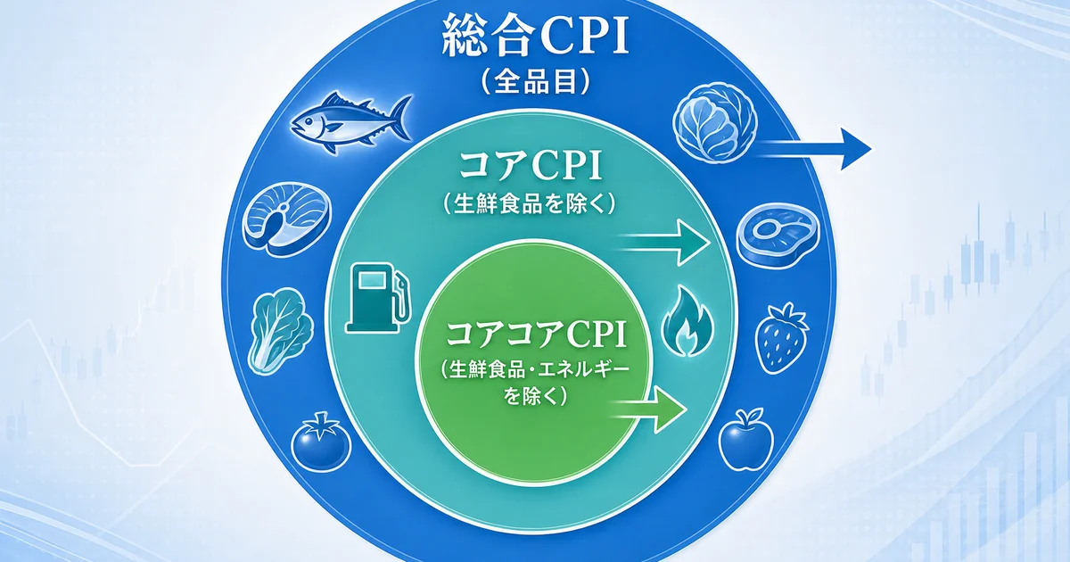 CPI(消費者物価指数)の総合CPI・コアCPI・コアコアCPIの違いを示す図解
