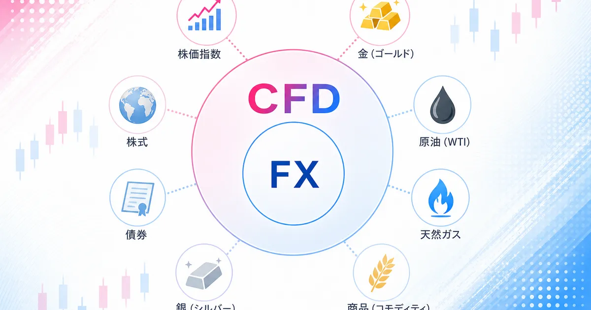 CFDの中にFXが含まれる関係と周辺商品を示す図