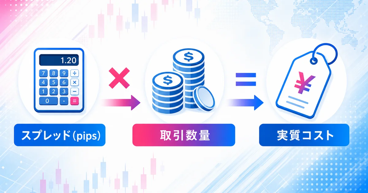 スプレッド(pips)×取引数量=実質コストという計算の流れを示す図