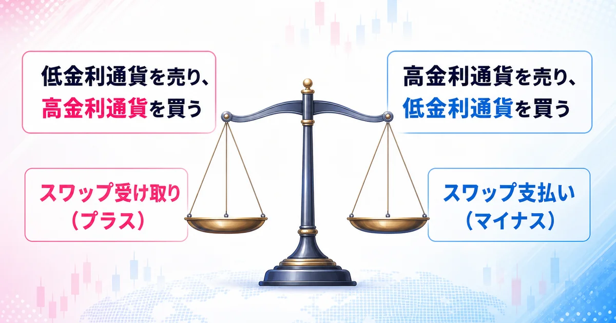 金利差によるスワップの受け取りと支払いの条件を示す天秤の図