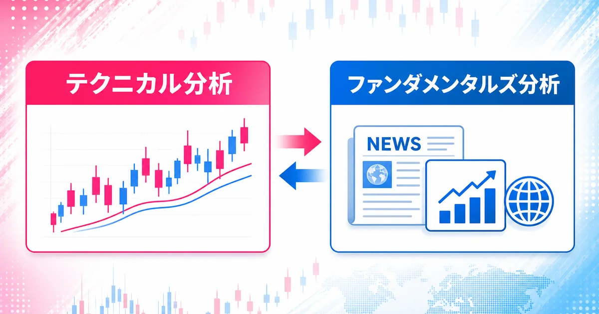 ローソク足チャートと経済ニュースのアイコンで2つの分析アプローチの違いを示す図