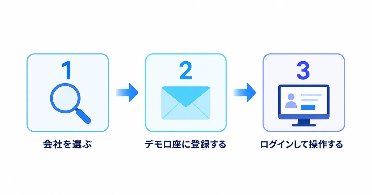 会社を選ぶ・デモ口座に登録する・ログインして操作するの3ステップの図解