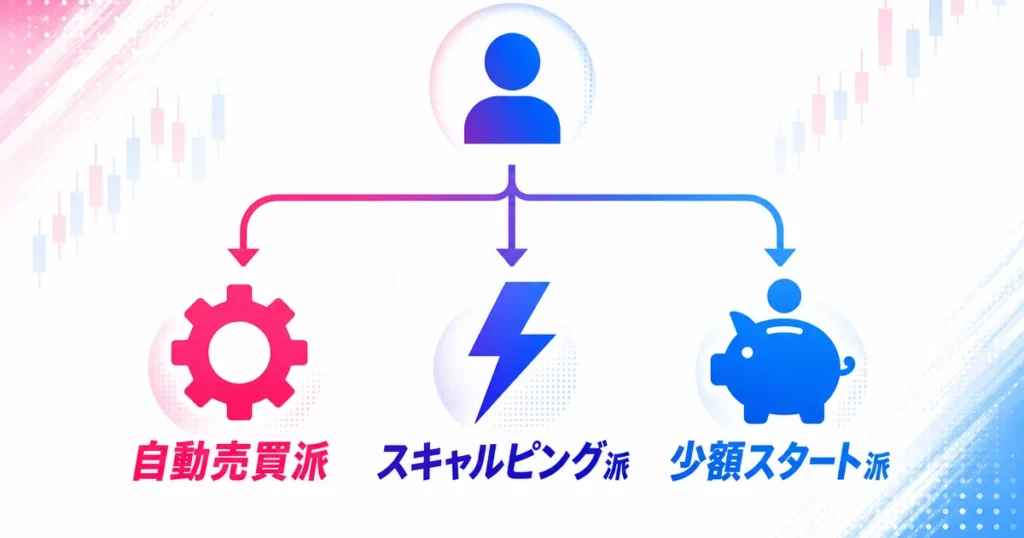 自動売買派・スキャルピング派・少額スタート派の3つの取引スタイルに応じたおすすめの分岐を示した図解