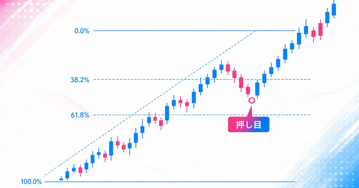 上昇トレンド中に61.8%付近で反発し押し目となる様子を示すチャート
