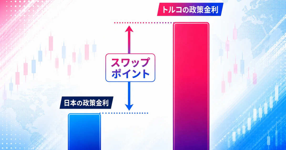日本とトルコの政策金利の差がスワップポイントになることを示す棒グラフ