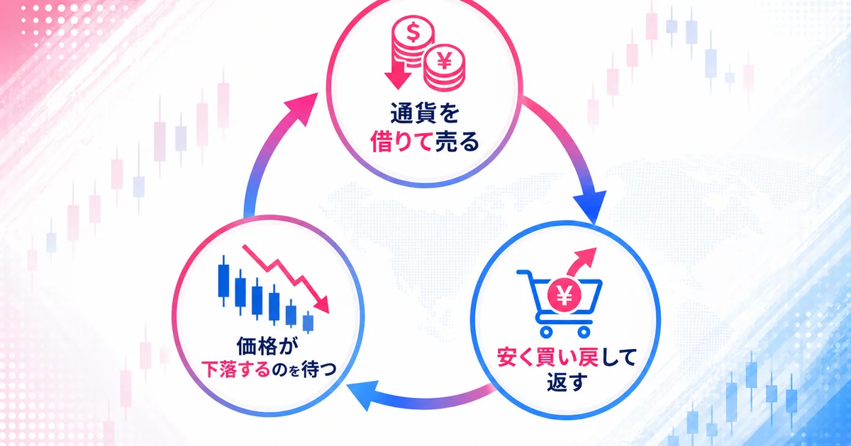 通貨を借りて売り、価格下落を待って買い戻す3ステップの循環図